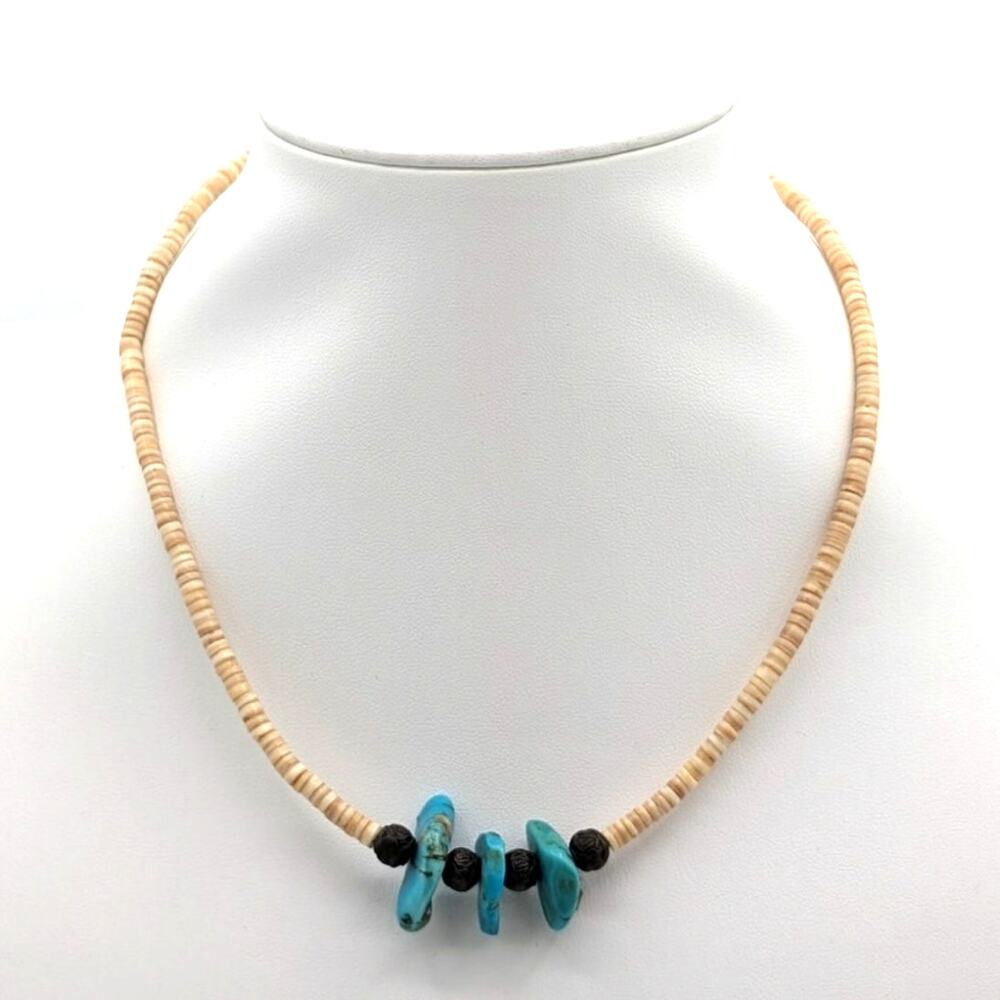Vintage Heishi Shell Three Turquoise Stone Southwestern Hook Clasp 16" Necklace